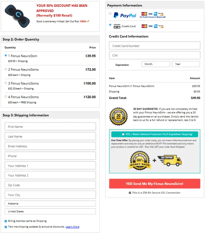 Fitnus NeuroStim Checkout Page